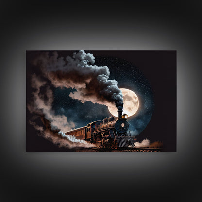 Steampunk Wild West Decor, Steam Train at Midnight, Framed Canvas Print