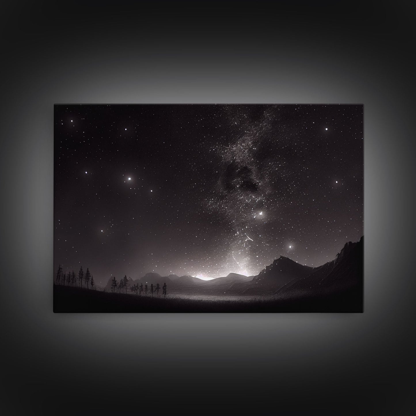 Black and white Watercolor of a starry night sky over a pine forest, framed canvas print