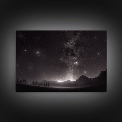 Black and white Watercolor of a starry night sky over a pine forest, framed canvas print