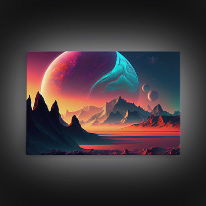 3 Moon Fantasy World, Retro Style Sci-Fi Art, Framed Canvas Print, Futuristic Art, Fantasy Decor