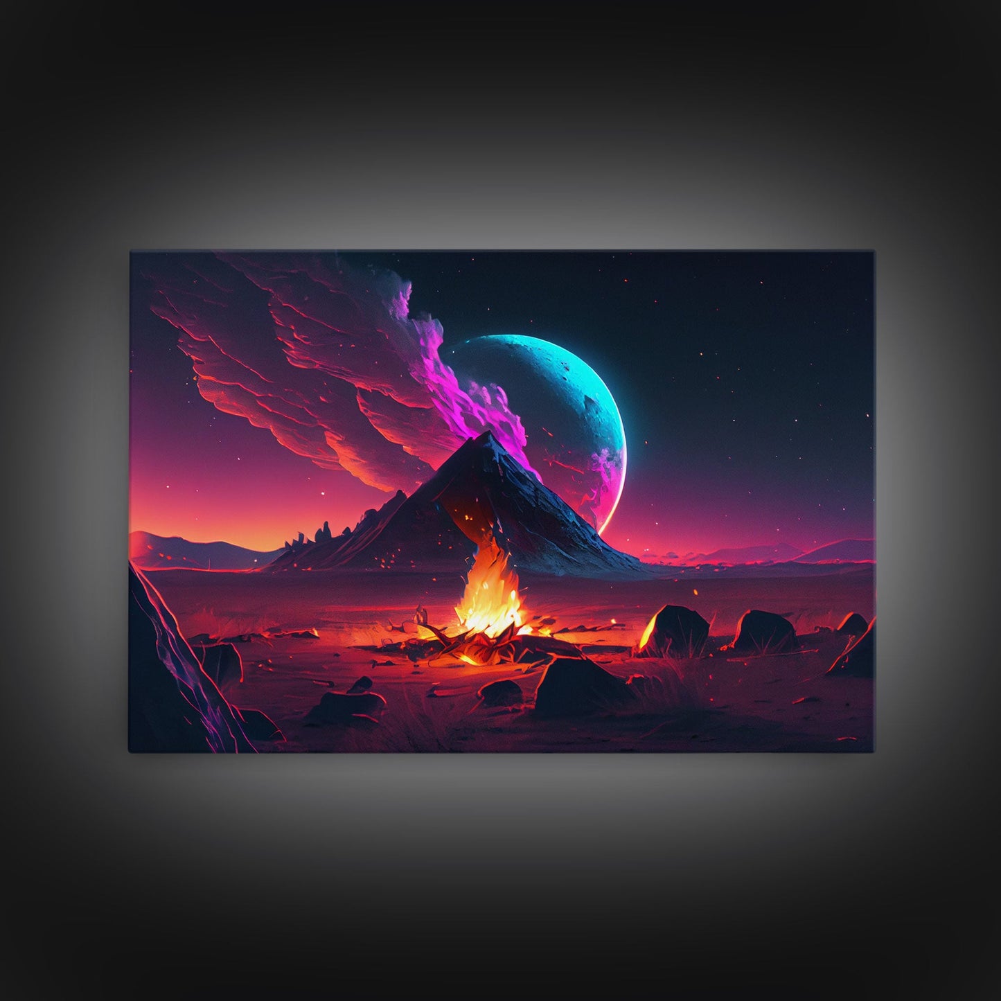 Campfire under a Full Moon, Framed canvas print, retro synthwave / outrun style primitive home decor