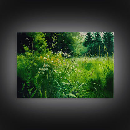 Beautiful field of wildflowers, Emerald green watercolor, framed canvas print, living room wall decor