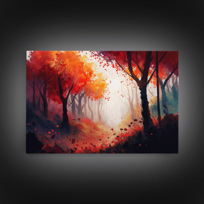 Autumn in the forest, orange and red leaves, framed canvas print, watercolor painting print on canvas, colorful wall art