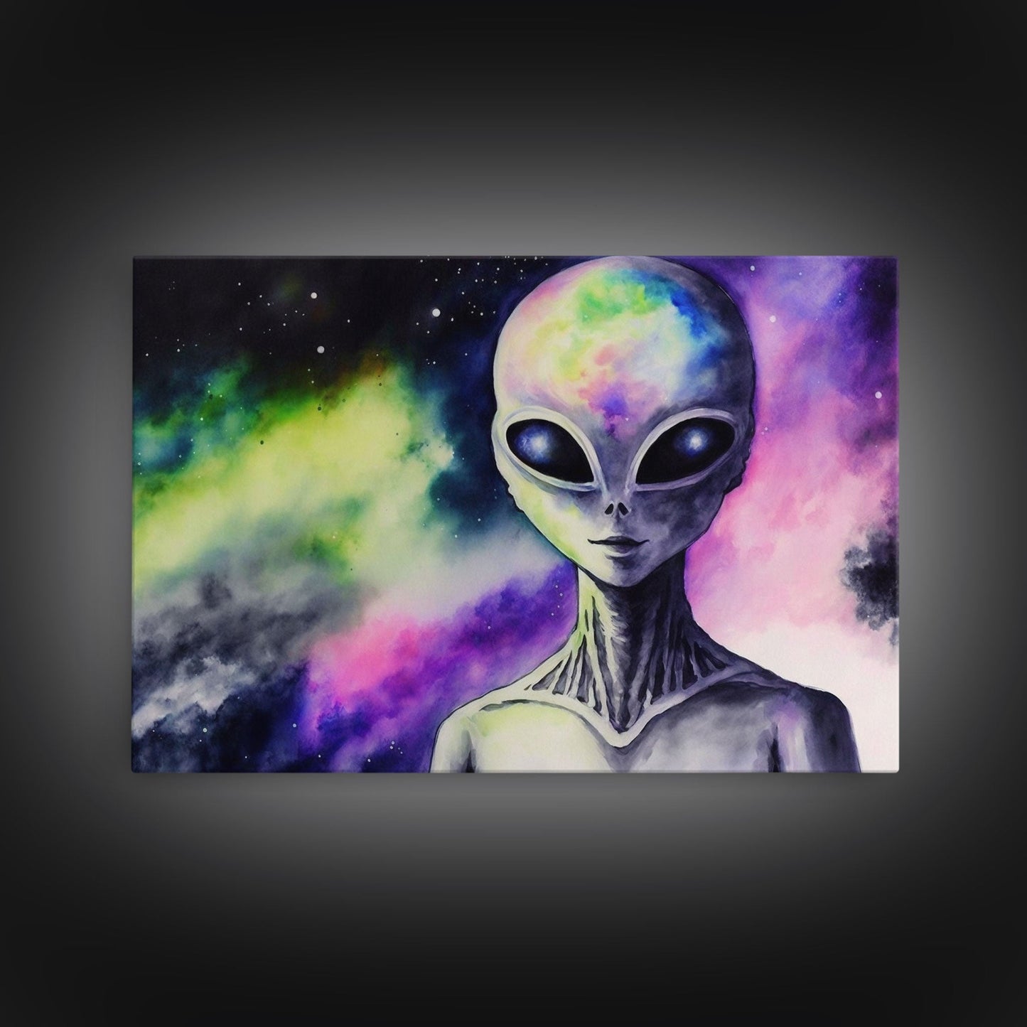 Psychedelic Intergalactic Alien Art, Watercolor Style, Framed Canvas Print, Scifi Wall Art