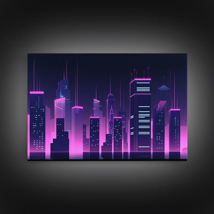 Big City Wall Art | Framed Canvas Print | Living room art | Office decor | Buildings | Outrun Style | Landscape | Night | Pop Art | City