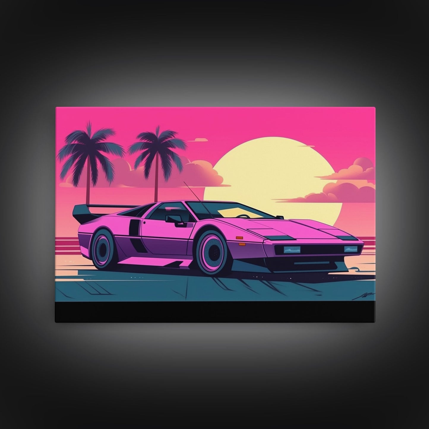Classic sport car Wall Art, Framed Canvas Print, Guest room art, Beautiful sunset, Synthwave Style, Pink Colors, Pop Art Style, Tropical art