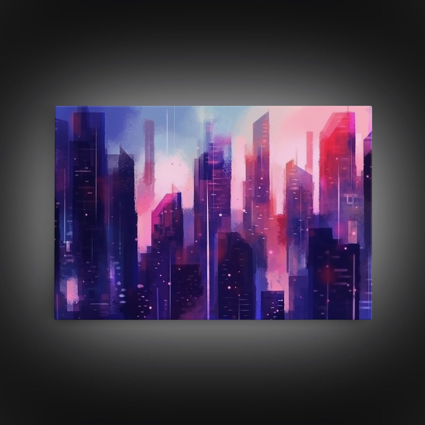 Buildings Wall Art - Framed Canvas Print - Original painting - Vaporwave Style - Watercolor colors - Pop Art Style - Living room art