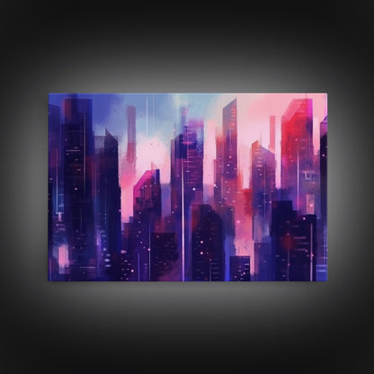 Buildings Wall Art - Framed Canvas Print - Original painting - Vaporwave Style - Watercolor colors - Pop Art Style - Living room art
