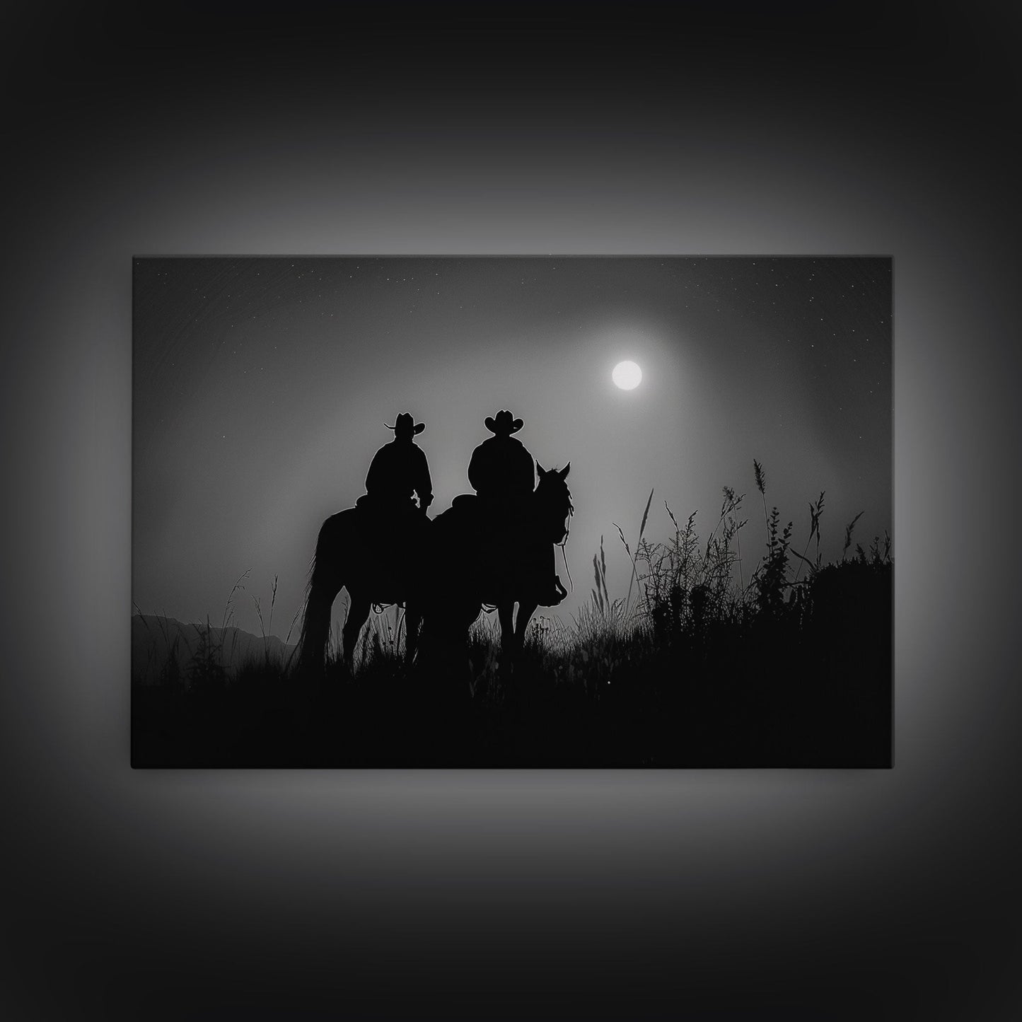 Cowboys Under A Full Moon, Framed Canvas Print, Black and White Western Photography, Wild West Art, Western Decor, Farmhouse Country Art
