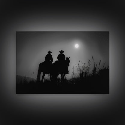 Cowboys Under A Full Moon, Framed Canvas Print, Black and White Western Photography, Wild West Art, Western Decor, Farmhouse Country Art