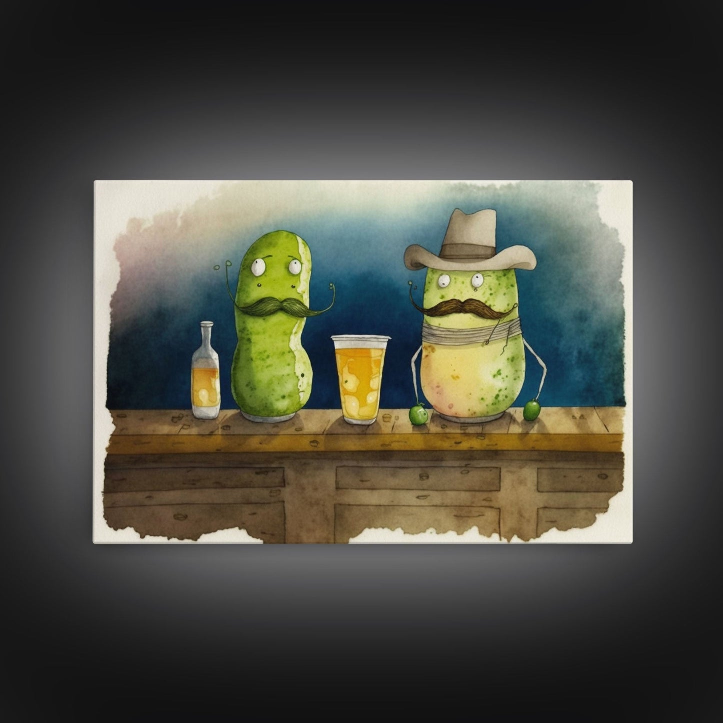 Funny Pickles In A Bar, Watercolor Painting Print, Framed Wall Art, Funny Decor, Kitsch Art, Framed Canvas Pickle Art