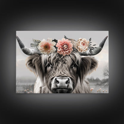 Cute Framed Canvas Wall Art, Cute Cow Wearing Flowers, Farmhouse Decor, Farmhouse Wall At, Extra Large Boho Decor, Minimalist Modern Art
