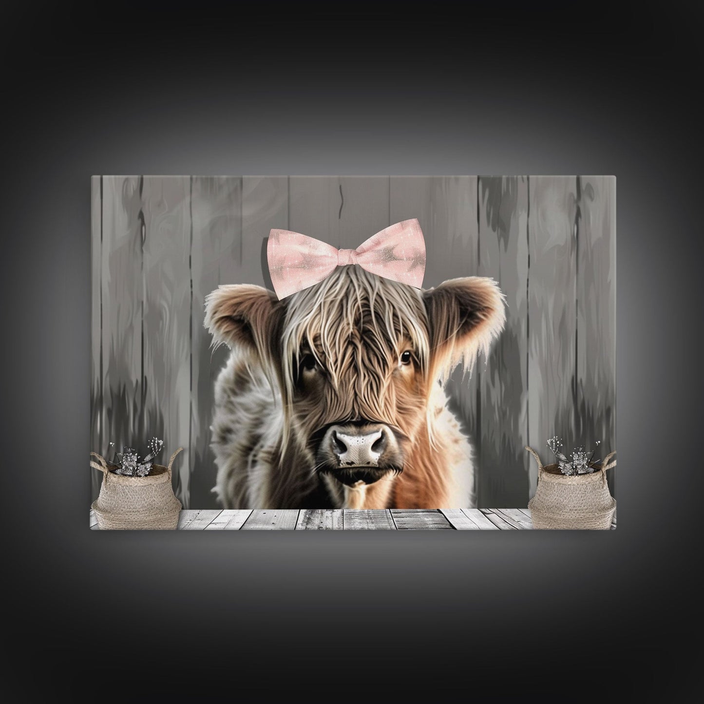 Framed Wall Art Texas Cattle, Wood Framed Canvas Print, Farmhouse Decor, Minimalist Rustic Farmhouse Painting, Cute Nursery Wall Art