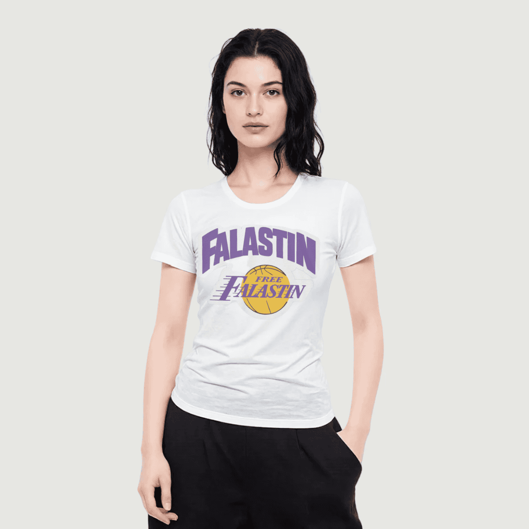 LA Lakers Logo inspiriertes, figurbetontes Damen-T-Shirt „Free Falastin Palestine“ (frei übersetzt: Slim Fit)