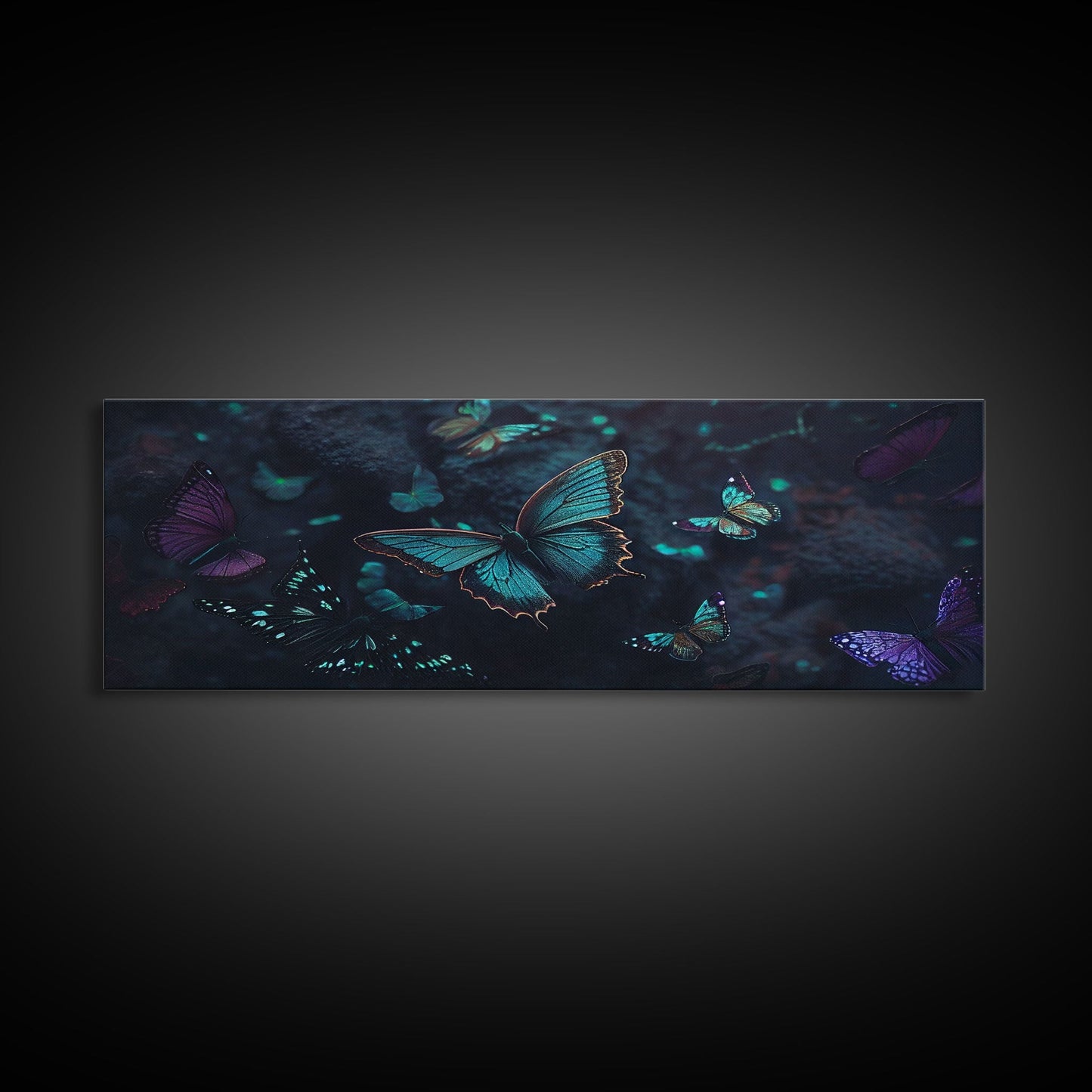 Blue Butterflies, Framed Canvas Print, Bioluminescent Glowing Butterfly Art, Framed Wall Art