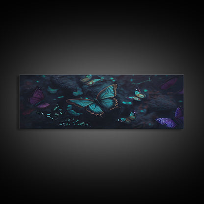 Blue Butterflies, Framed Canvas Print, Bioluminescent Glowing Butterfly Art, Framed Wall Art