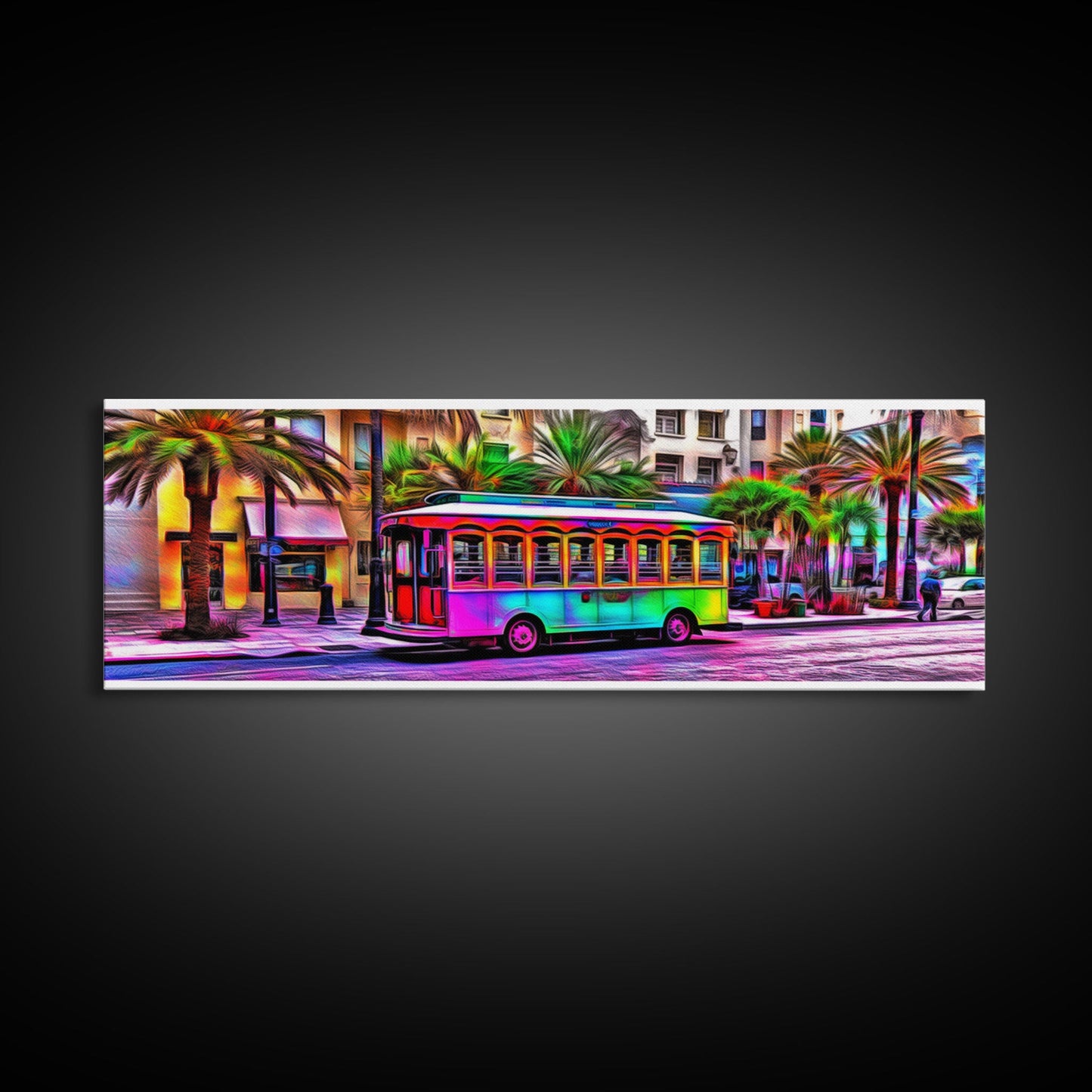 Colorful Vibrant Tram Wall Art, Palm Trees Art Print, Colored Pencil Sketch, Framed Canvas, Abstract Art, Panoramic, Wall Art, Canvas Print
