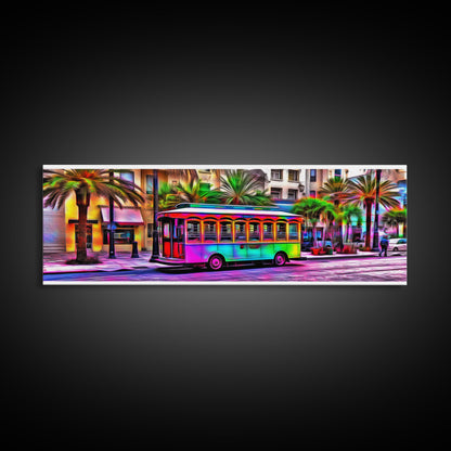 Colorful Vibrant Tram Wall Art, Palm Trees Art Print, Colored Pencil Sketch, Framed Canvas, Abstract Art, Panoramic, Wall Art, Canvas Print