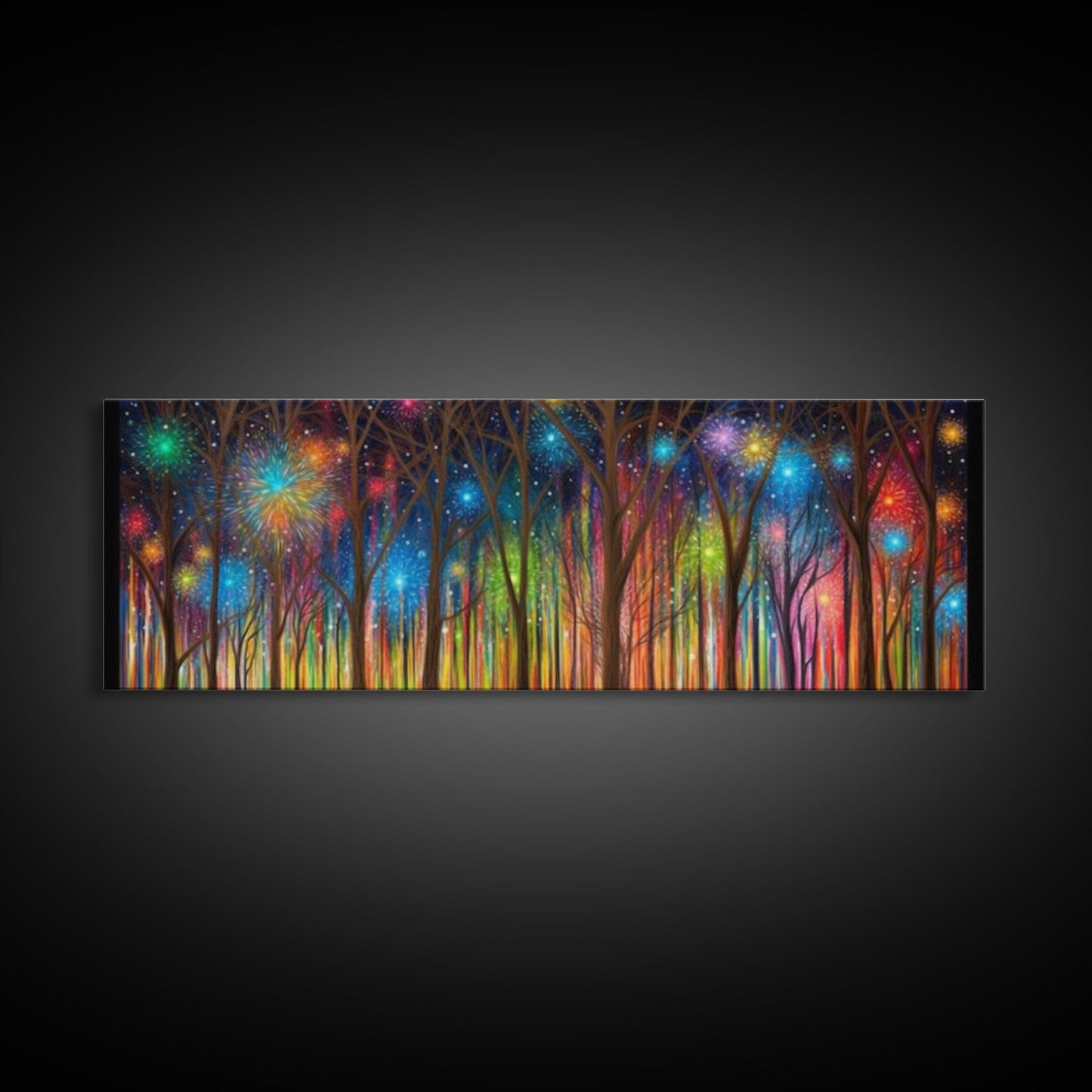 Abstract Forest Art, Woods Wall Art, Forest Art Print, Sparklers, Stars, Colorful Canvas Print, Panoramic, Wall Art, Canvas Print