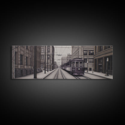 Straßenbahn-Kunstdruck, Lila Zug, Perspektivische Kunst, Stadtbild, Urbaner Leinwanddruck, Panorama, Wandkunst, Leinwanddruck