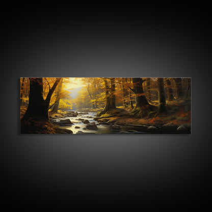 The Forest In The Autumn, Fall Centerpiece, Panoramic Painting Framed Canvas Print, Fall Decor, Orange Leaves Falling In The Forest