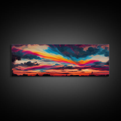 Beautiful Panoramic Watercolor Sunset, Extra Large Wall Art, Framed Panoramic Canvas Print, Framed Wall Art