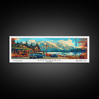 Anchorage Alaska Panoramic Travel Poster Framed Canvas Print, Mid Century Modern Art, Pop Art Style, Wall Art Decor, Home Decoration