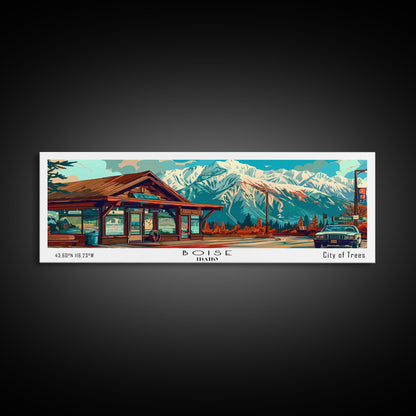 Boise Idaho Panoramic Travel Poster Framed Canvas Print, Mid Century Modern Art, Pop Art Style, Wall Art Decor, Home Decoration