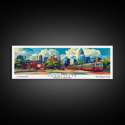 Charlotte North Carolina Panoramic Painting Framed Canvas Print, Mid Century Modern Art, Pop Art Style, Travel Poster, Wall Art Decor