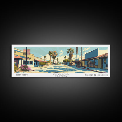 Clovis California Panoramic Wall Art, Mid Century Modern Framed Canvas Print, Retro Pop Art Travel Poster, City Office Decor, Home Art
