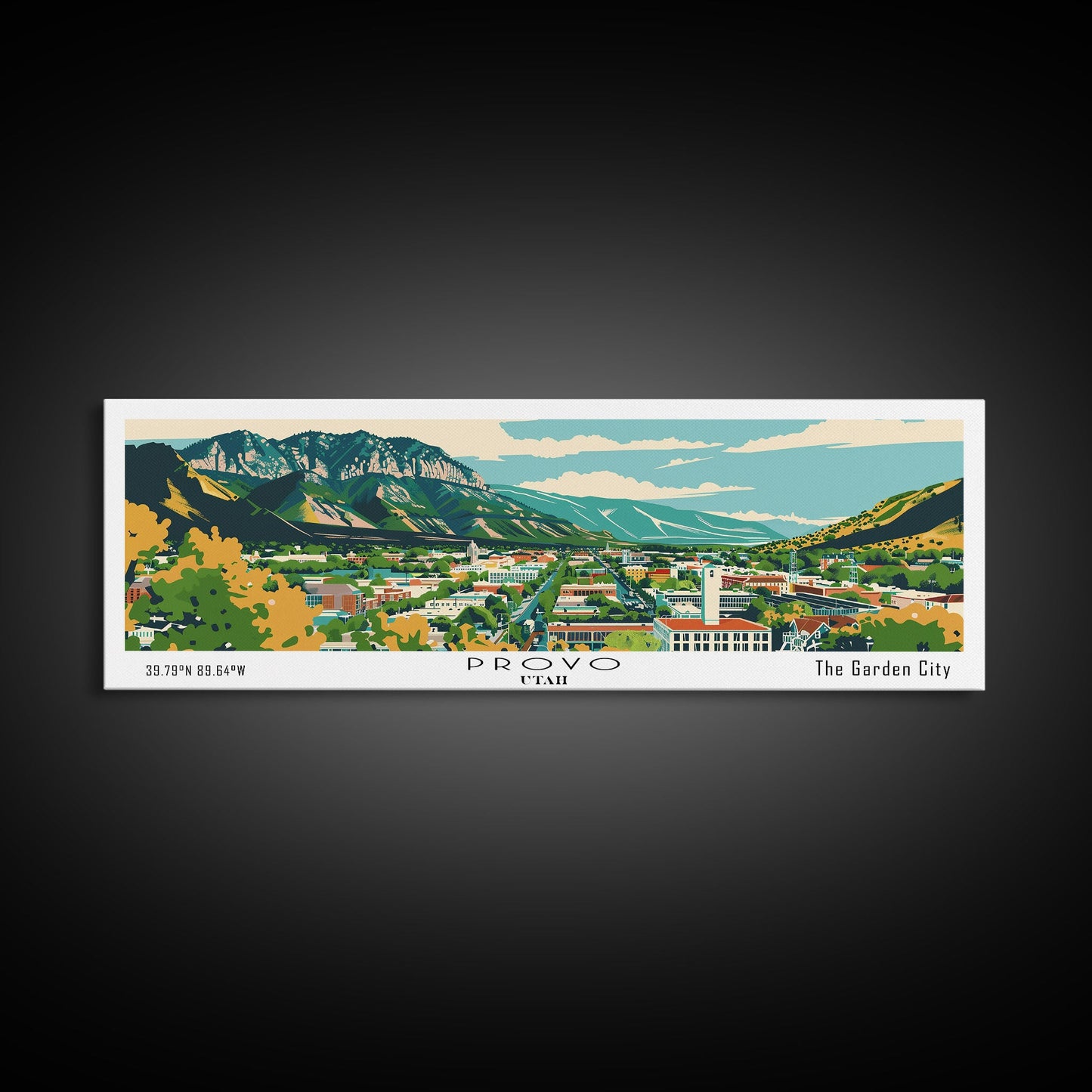 Panoramagemälde von Provo, Utah, gerahmter Leinwanddruck im Mid-Century-Modern-Stil, Retro-Pop-Art-Reiseposter, Stadtbild, Wanddekoration fürs Büro, Wohnzimmerbild
