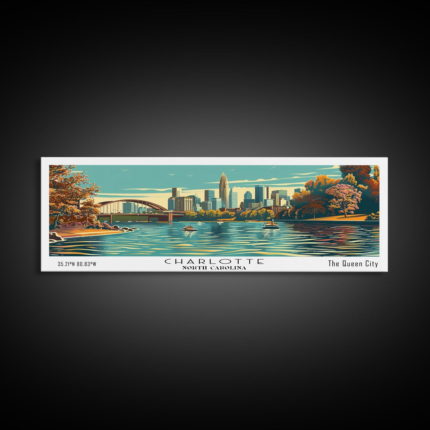 Charlotte North Carolina Panoramic Painting, Framed Canvas Print, Mid Century Modern Wall Art, Retro Pop Art Travel Poster, Living Room Decor, City Art