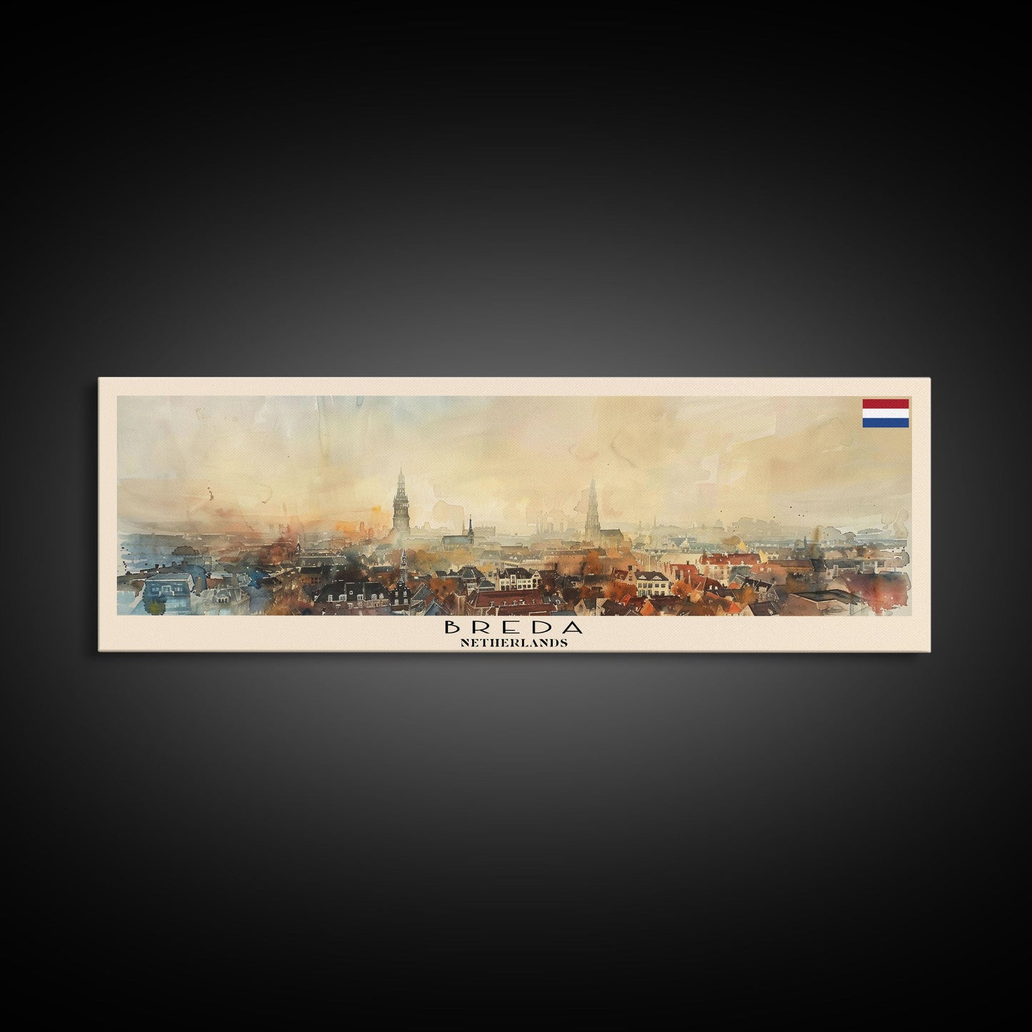Breda Netherlands Panoramic Travel Poster, Framed Canvas Print or Metal Wall Art, Travel Art, Home Decor, Panoramic Painting, Midcentury Art
