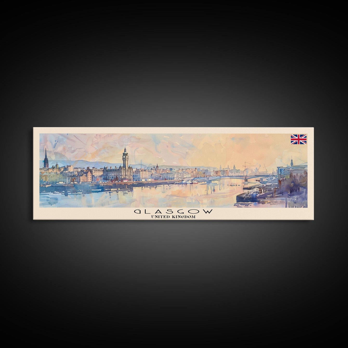 Glasgow, Vereinigtes Königreich – Reisekunst, Stadtkunst, gerahmter Leinwanddruck oder Wandbild aus Metall, Europa-Reiseposter, Panorama-Wandbild, extra breites Wandbild