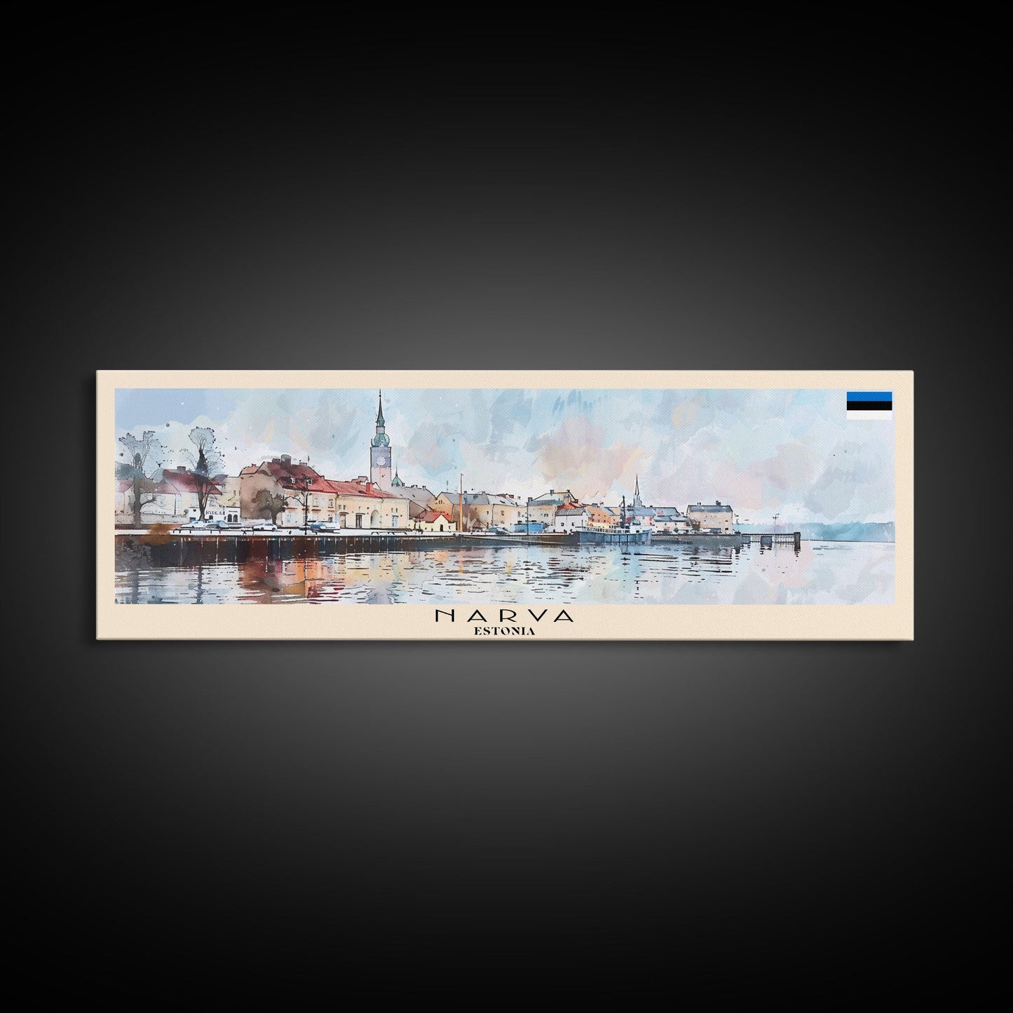 Narva, Estland – Panorama-Reiseposter, gerahmter Leinwanddruck oder Wandbild aus Metall, Reisekunst, Wohndekoration, Panoramagemälde, Kunst der Mitte des 20. Jahrhunderts