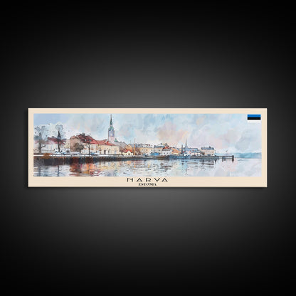 Narva, Estland – Panorama-Reiseposter, gerahmter Leinwanddruck oder Wandbild aus Metall, Reisekunst, Wohndekoration, Panoramagemälde, Kunst der Mitte des 20. Jahrhunderts