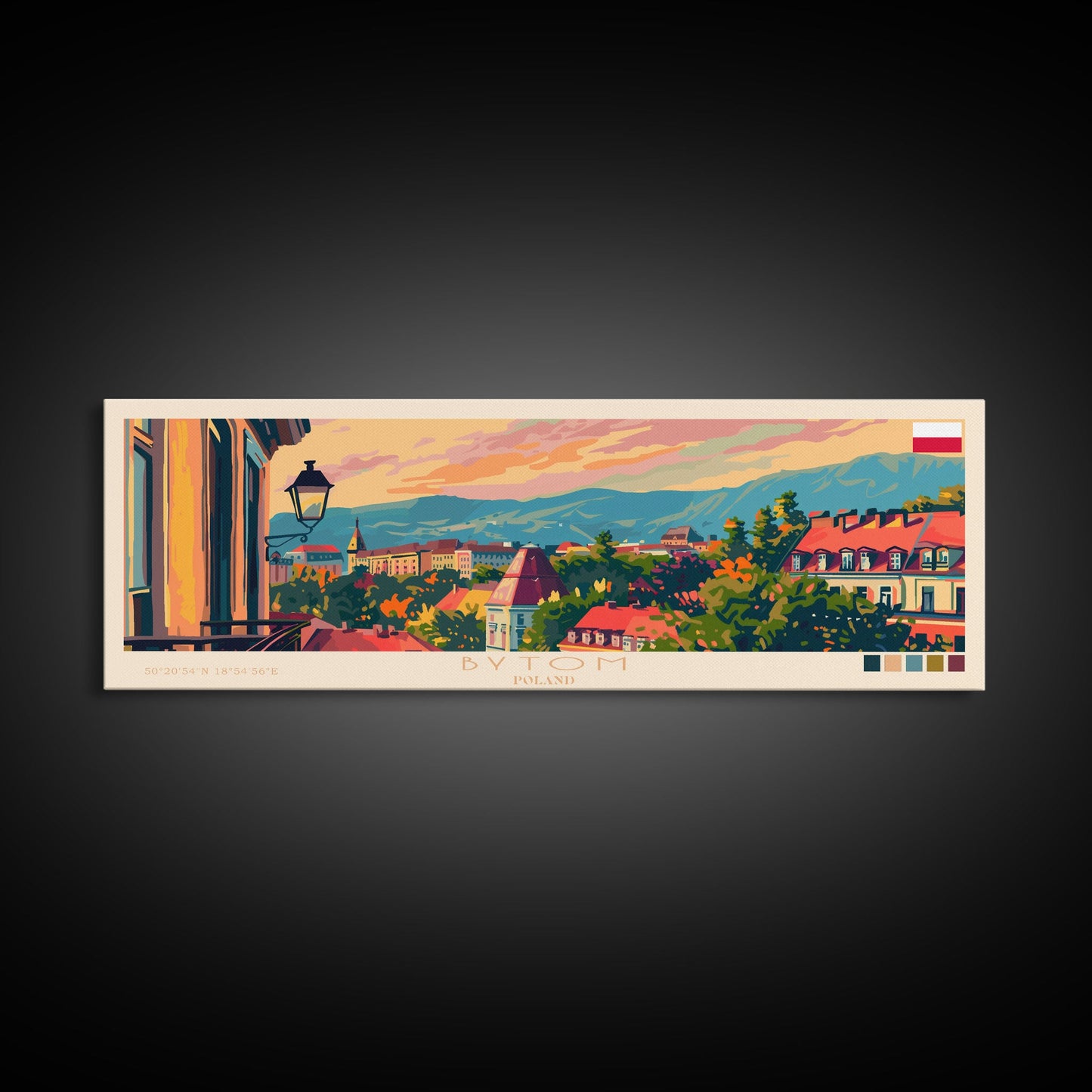 Bytom Poland Panoramic Travel Poster, Framed Canvas Print or Metal Wall Art, Travel Art, Home Decor, Panoramic Painting, Midcentury Art