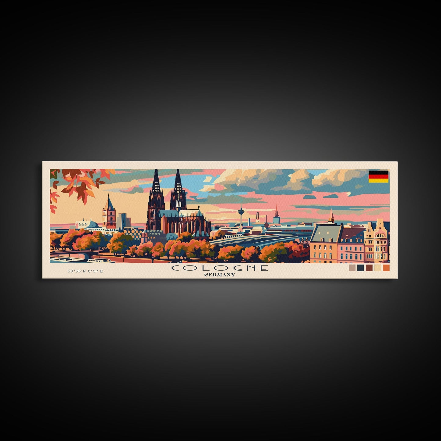 Cologne Germany Panoramic Travel Poster, Framed Canvas Print or Metal Wall Art, Travel Art, Home Decor, Panoramic Painting, Midcentury Art