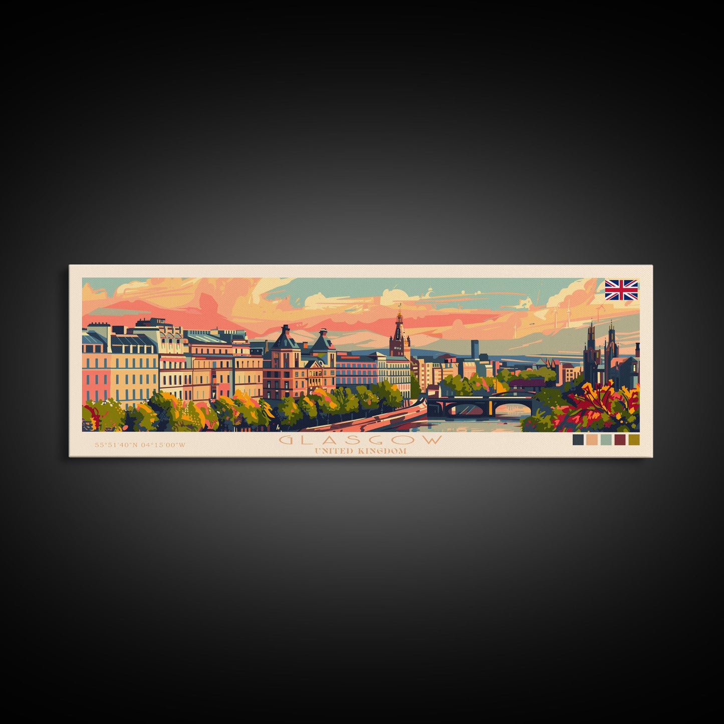Glasgow, Vereinigtes Königreich – Reisekunst, Stadtkunst, gerahmter Leinwanddruck oder Wandbild aus Metall, Europa-Reiseposter, Panorama-Wandbild, extra breites Wandbild