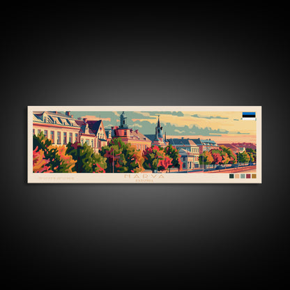 Narva, Estland – Panorama-Reiseposter, gerahmter Leinwanddruck oder Wandbild aus Metall, Reisekunst, Wohndekoration, Panoramagemälde, Kunst der Mitte des 20. Jahrhunderts