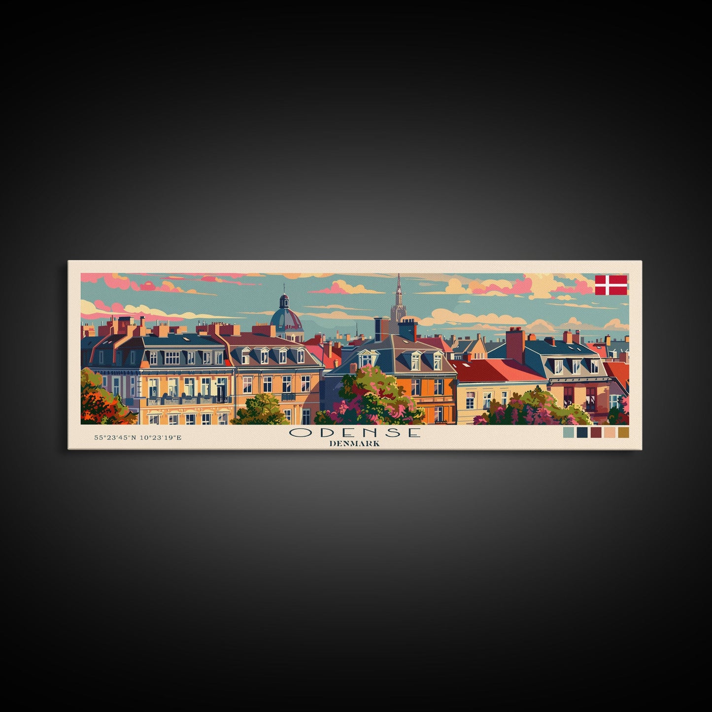 Odense, Dänemark – Wandbild, Panorama-Reiseposter, gerahmter Panorama-Leinwanddruck, Stadtbild, Wanddekoration, Reisekunst