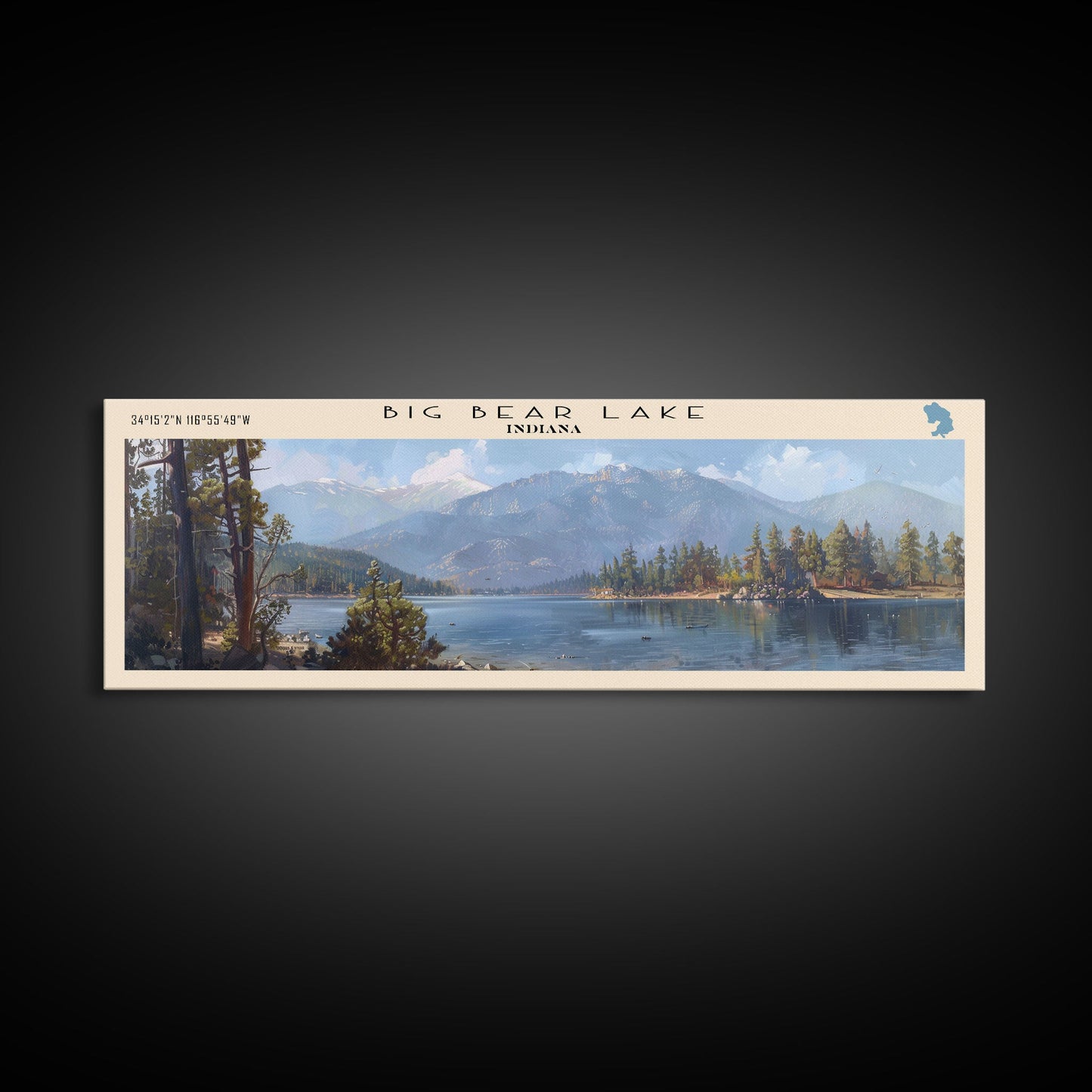 Panorama-Leinwanddruck „Big Bear Lake, Kalifornien“ mit Rahmen, Dekoration fürs Seehaus, malerischer Ausblick, Reiseposter, moderne Kunst, Natur-Wandbild