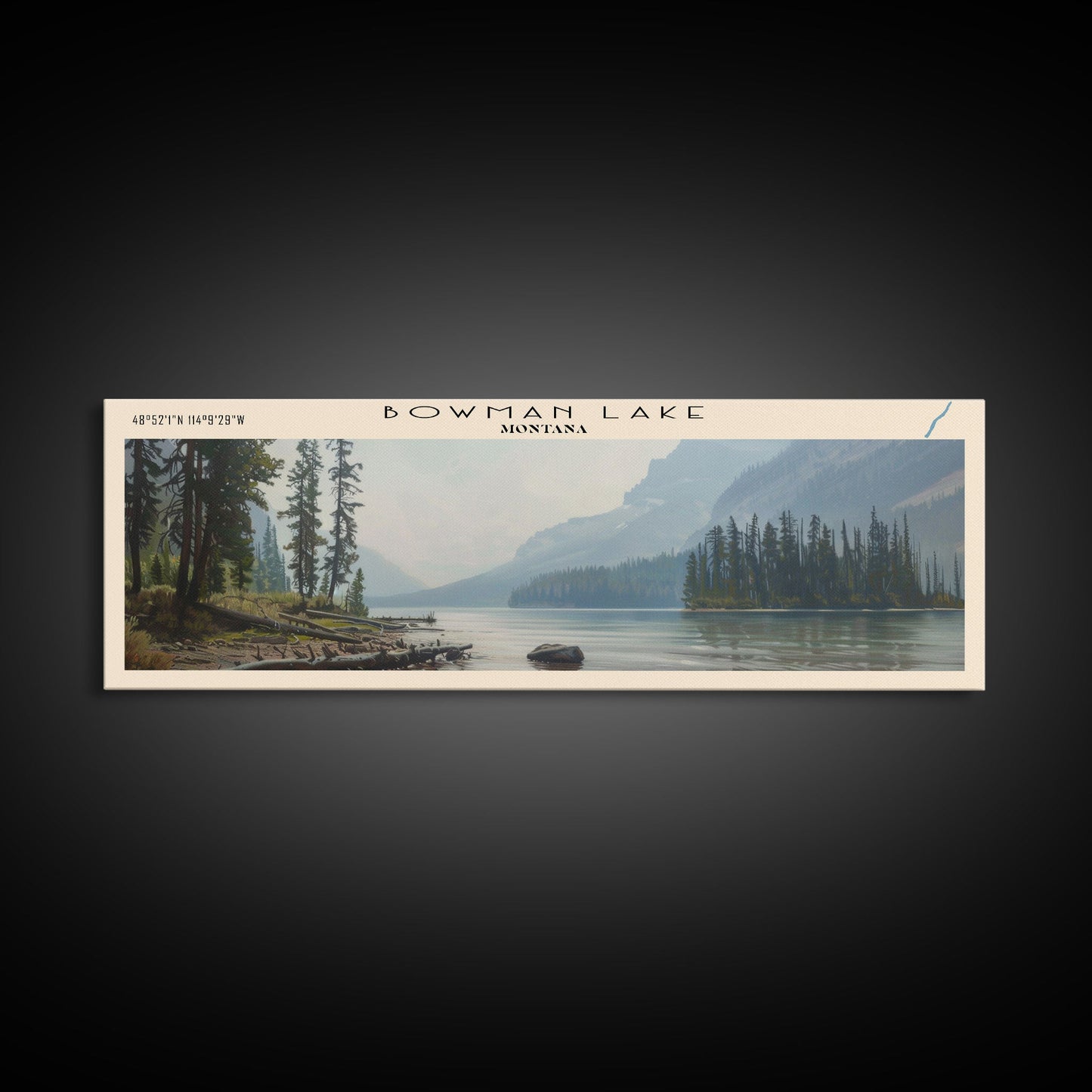Bowman Lake Montana Framed Canvas Print, Panoramic Lake House Decor, Wall Art, Travel Poster, Rustic Lake Painting, Nature Art