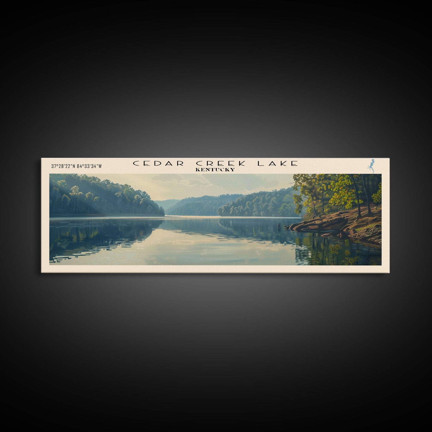 Cedar Creek Lake Kentucky Framed Canvas Print, Panoramic Lake House Decor, Wide Wall Art, Travel Poster, Rustic Lake Painting, Nature Art
