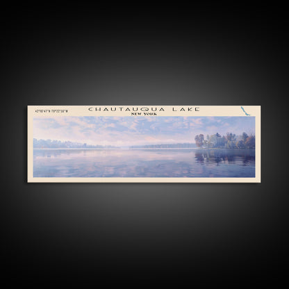 Chautauqua Lake New York Framed Canvas Print, Lake House Art, Panoramic Wide Wall Art, Travel Poster, Modern Lake Painting, Nature Art