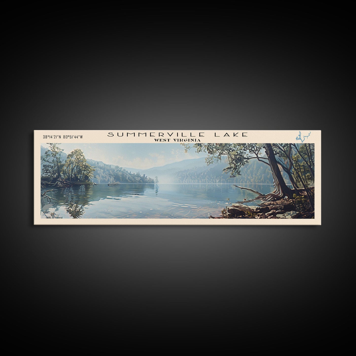 Summerville Lake West Virginia Panoramic Wall Art, Framed Canvas Print, Lake House Decor, Travel Poster, Scenic Lake Painting, Living Room Decor