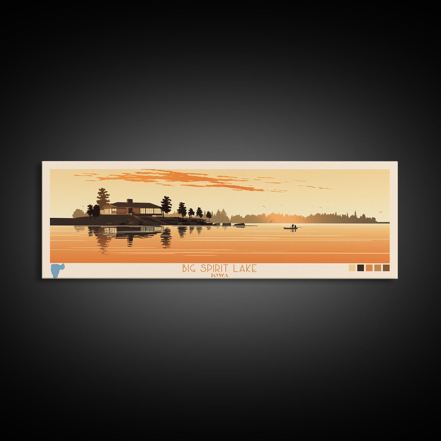 Big Spirit Lake Iowa Framed Canvas Print, Panoramic Wall Art, Midcentury Modern, Pop Art, Travel Poster, Scenic Lake House Art, Bedroom Decor