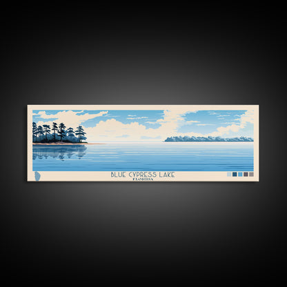 Blue Cypress Lake Florida Framed Canvas Print, Panoramic Wall Art, Midcentury Modern, Pop Art, Travel Poster, Scenic Living Room Art, Lake House Decor