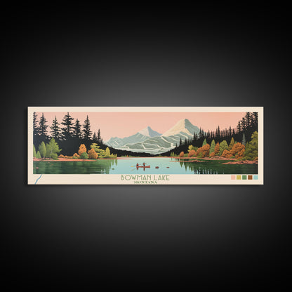 Bowman Lake Montana Framed Canvas Print, Panoramic Wall Art, Midcentury Modern, Pop Art, Travel Poster, Scenic Living Room Art, Lake House Decor