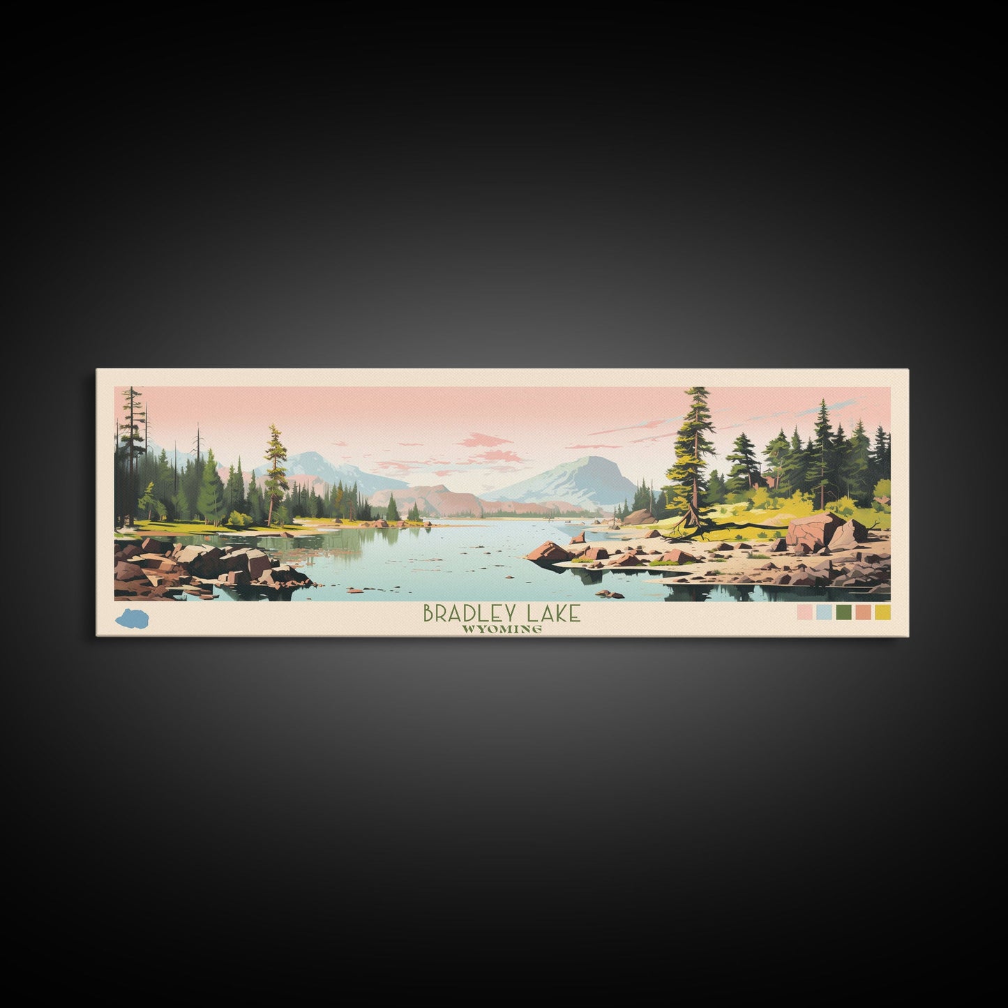 Bradley Lake Wyoming Framed Canvas Print, Midcentury Modern Panoramic Wall Art, Living Room Decor, Pop Art, Travel Poster Art
